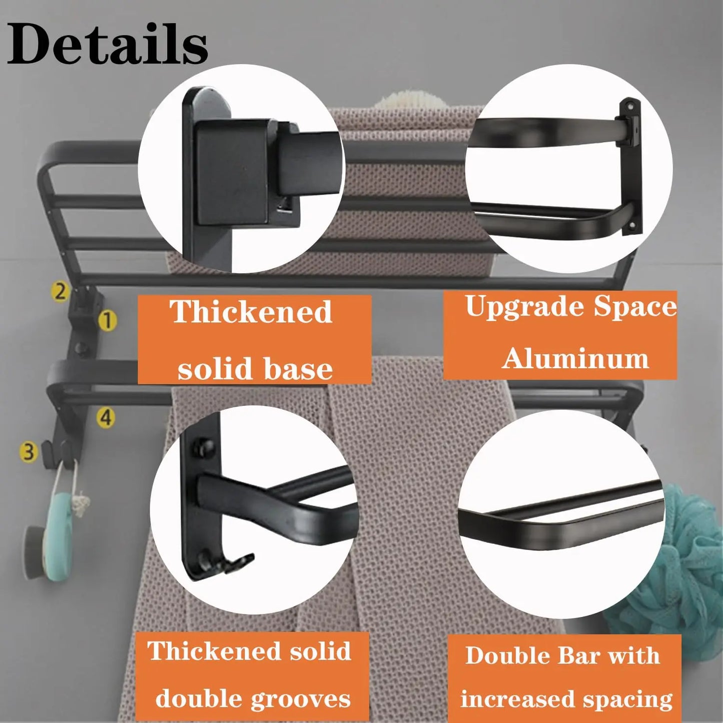 50CM Matte Black Folding Holder With Hook Towel Holder Wall Mount AluminumTowel Rack Bathroom shower rack Bathroom Accessories Beauty World Shop