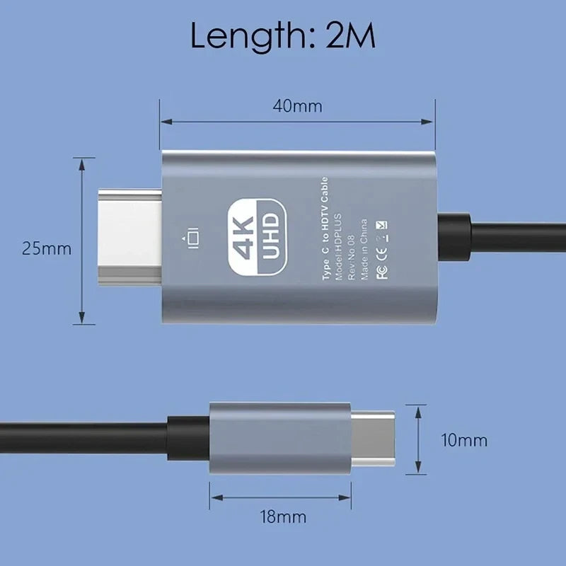 Typec to HDMI 4K 60Hz HD Video Conversion Cable Same Screen Cable TV Computer 2 Meters Braided Screen Projection Cable Packaging Beauty World Shop