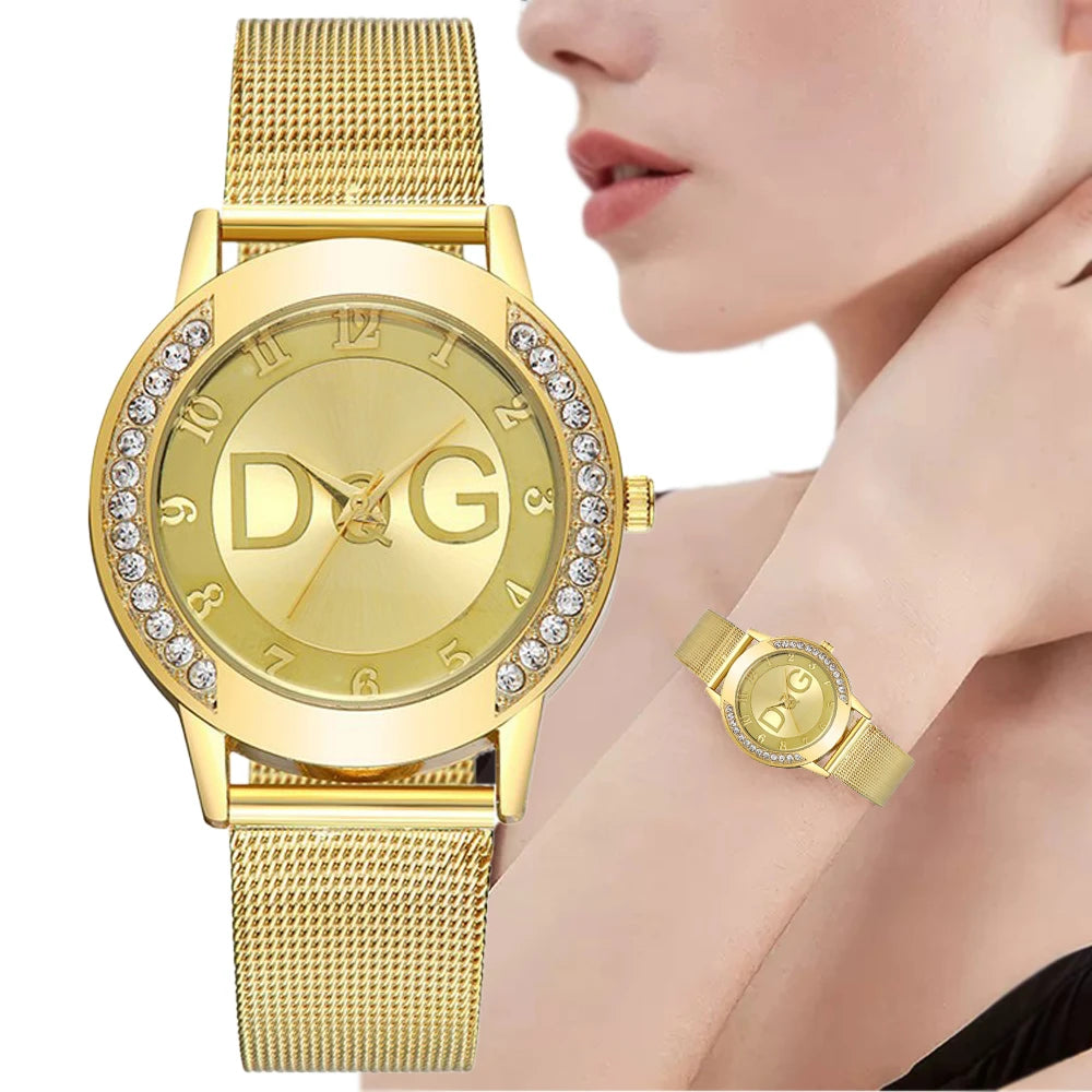 Fashion DQG Brand Starry Sky Diamond encrusted Women's Quartz Watch Casual Stainless Steel Gold Mesh Strap Women's Dress Watches Beauty World Shop