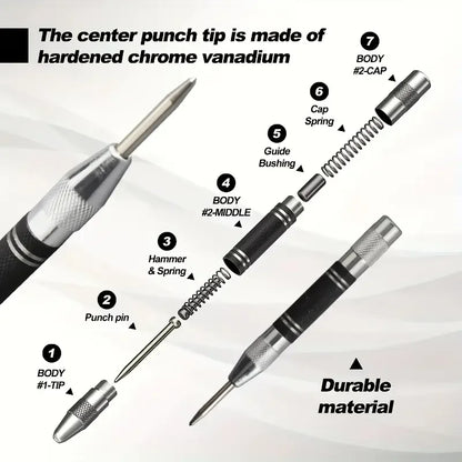 Auto Center Puncher Hole Marker Wood Metal Steel Spring Load Kerner Drill Locator Heavy Duty Punch Carpentry Automatic Hand Tool Beauty World Shop