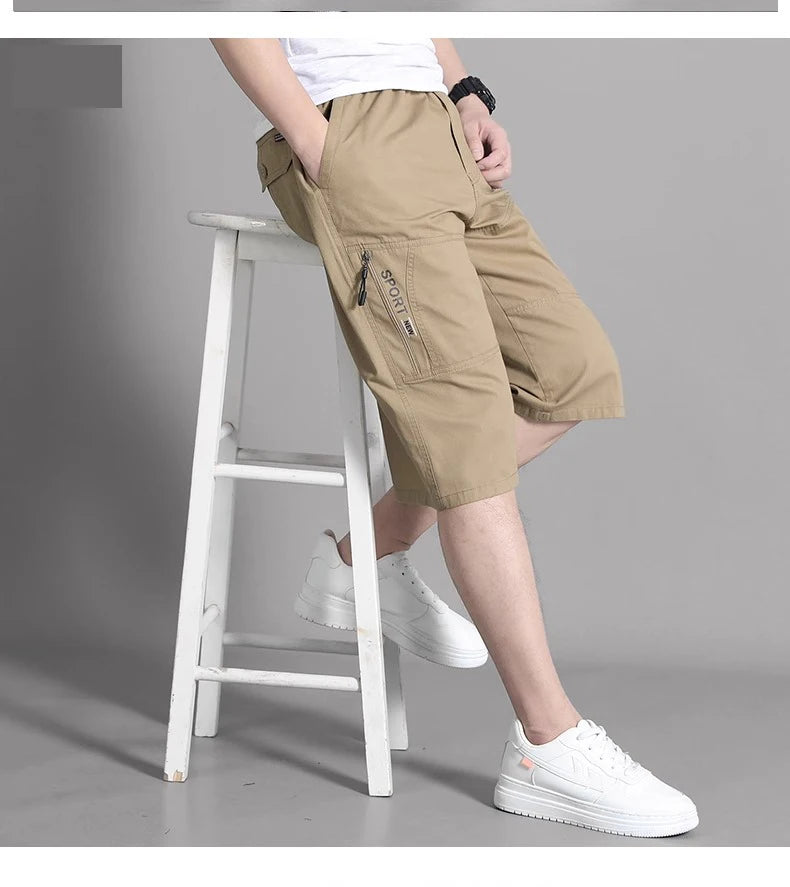 Mens Cargo Shorts Knee Pants Zipper Pocket Summer Cotton Shorts Climbing Jogger Elastic Waist Sports Wear Beauty World Shop