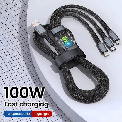 3-in-1 USB 100W 6A Fast Charger Cable Car USB To Type-C Micro LIGHTNING Cable For iPhone 16 15 14 13 Samsung Xiaomi Huawei Beauty World Shop