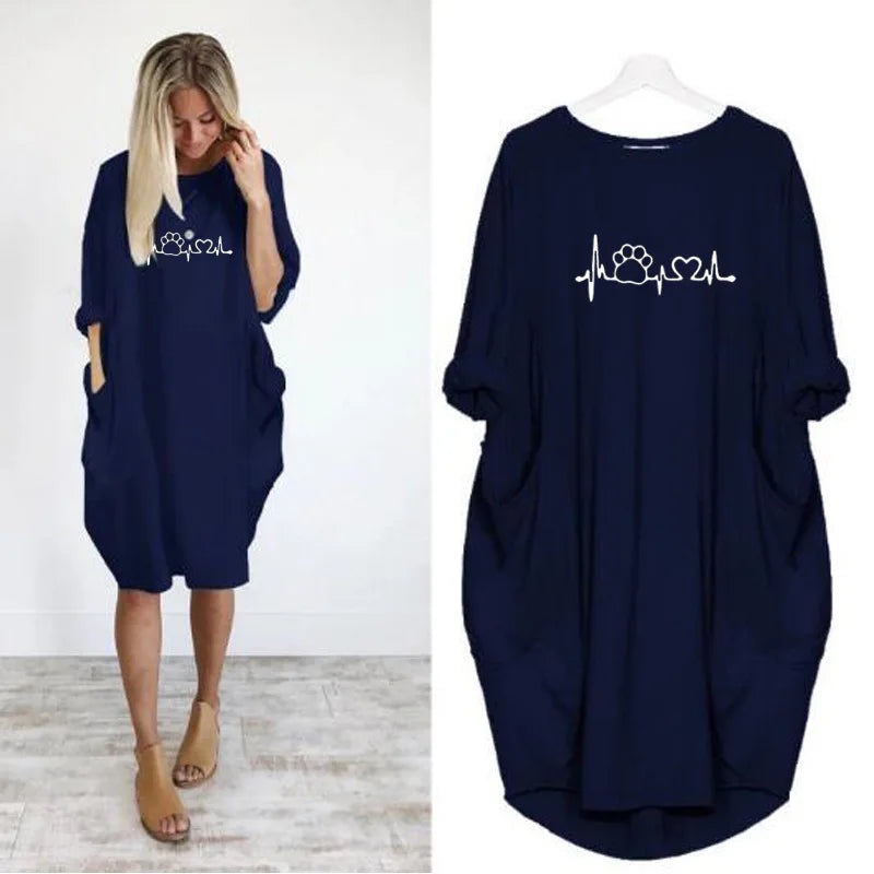 Women's Loose  Long Sleeved Summer Plus Size Dress Autumn  Winter Casual Round Neck Solid Color Long Sleeve Pocket Loose Pullove Beauty World Shop