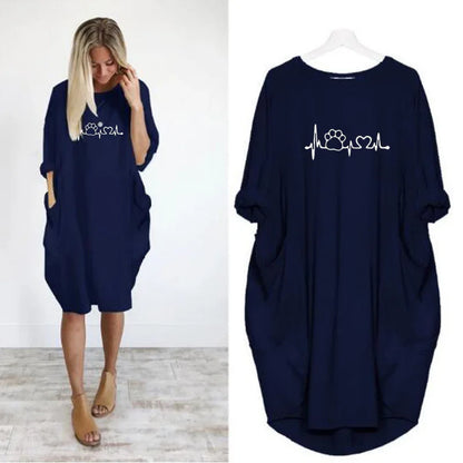 Women's Loose  Long Sleeved Summer Plus Size Dress Autumn  Winter Casual Round Neck Solid Color Long Sleeve Pocket Loose Pullove Beauty World Shop