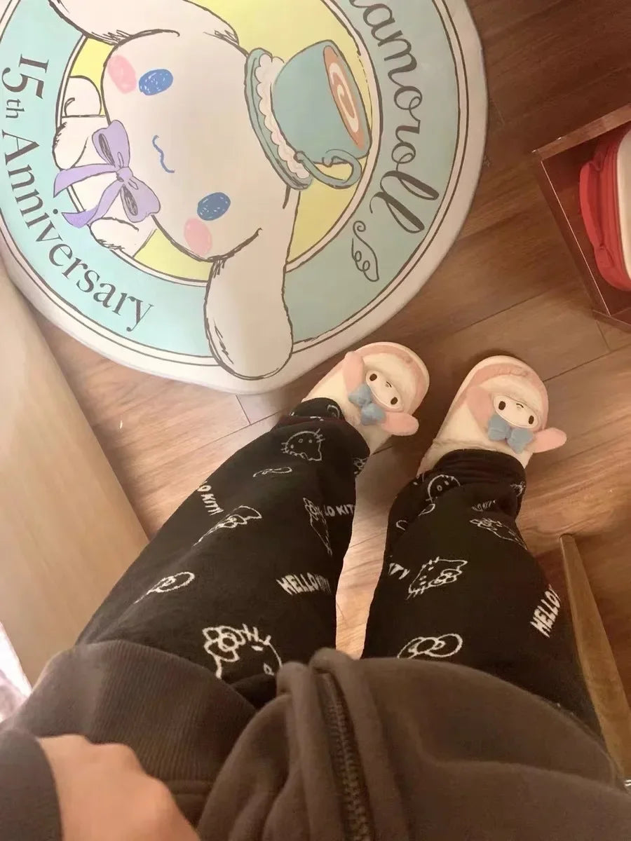 2024 Sanrio Hello Kitty Pajamas Halloween Flannel Fashion Trouserswomen Kawaii Woolen Anime Cartoon Casual Home Pants Autumn Beauty Fashion
