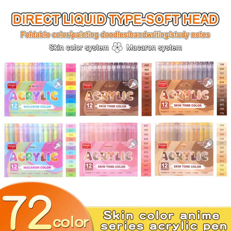 GuangNa 12-72 Colors Soft Brush Acrylic Marker Pen Set,Skin Tone, Macaron color,DIY Hand Drawn,Paint Art Markers pens,GN.8201F/M Beauty World Shop