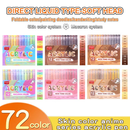 GuangNa 12-72 Colors Soft Brush Acrylic Marker Pen Set,Skin Tone, Macaron color,DIY Hand Drawn,Paint Art Markers pens,GN.8201F/M Beauty World Shop