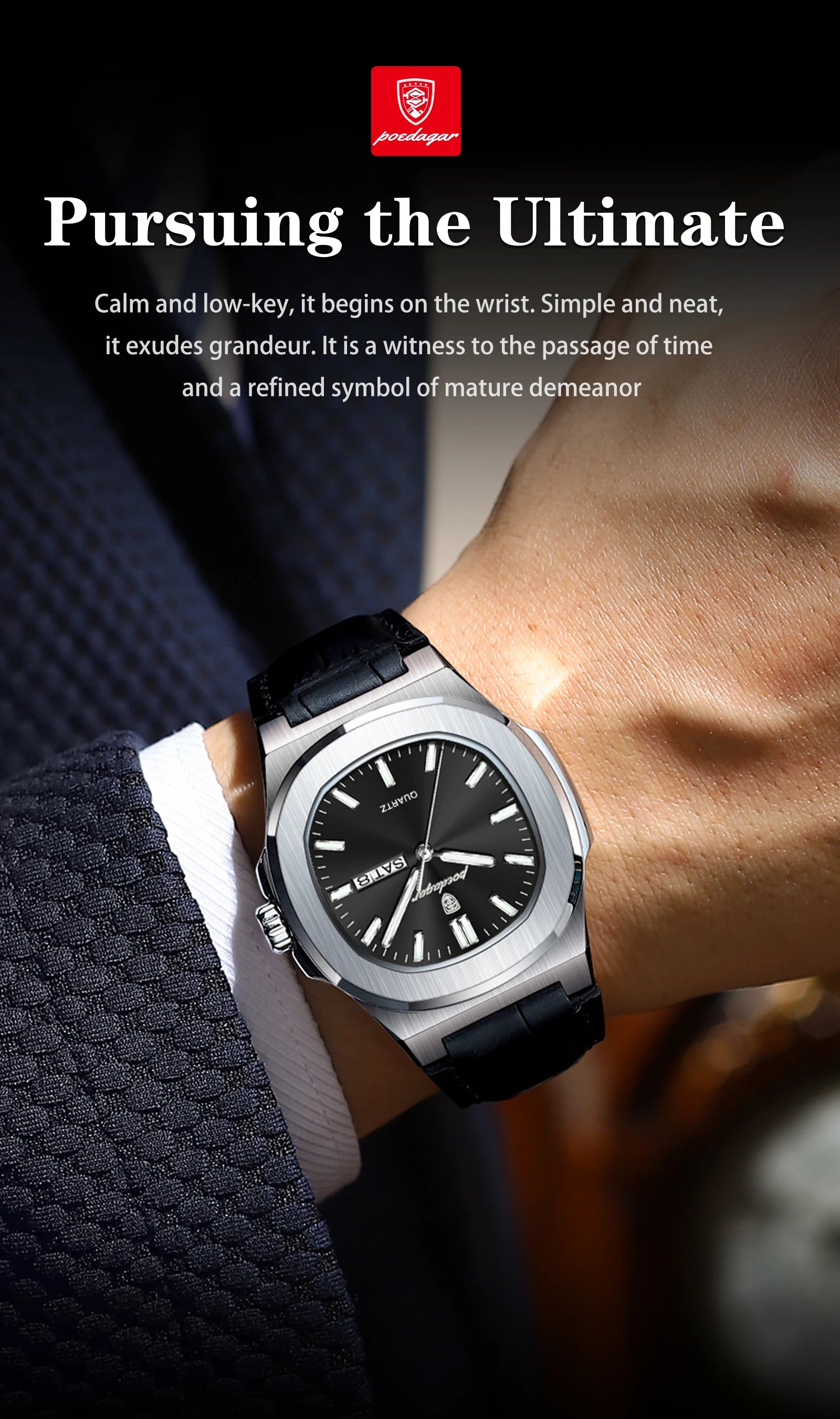 POEDAGAR Square Wristwatch For Men Luminous Waterproof Week Calendar Luxury Man Clock Leather Quartz Fashion Men's Watches Reloj Beauty World Shop