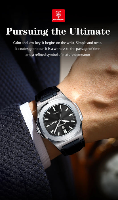 POEDAGAR Square Wristwatch For Men Luminous Waterproof Week Calendar Luxury Man Clock Leather Quartz Fashion Men's Watches Reloj Beauty World Shop