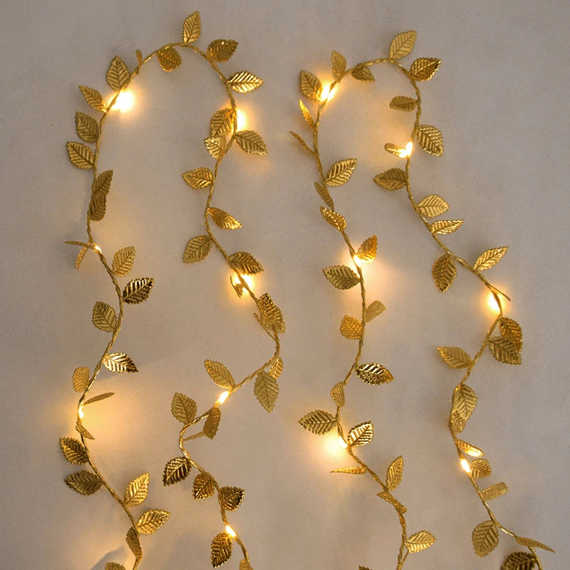 2M 20LED Golden Leaves String Fairy Lights For Wedding Birthday Party Decoration Home Garden Artificial Plant Garland Vine Light Beauty World Shop