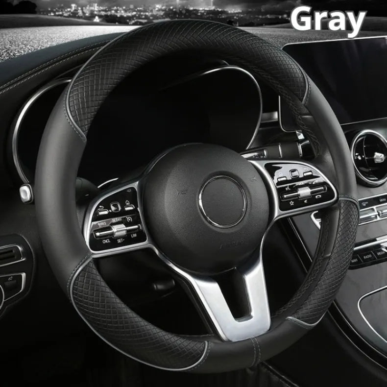 All Seasons Leather Diamond Steering Wheel Cover Universal Fit for 14 .5-15 Inch Durable Leather Cover Anti-Slip Veins Design Beauty World Shop