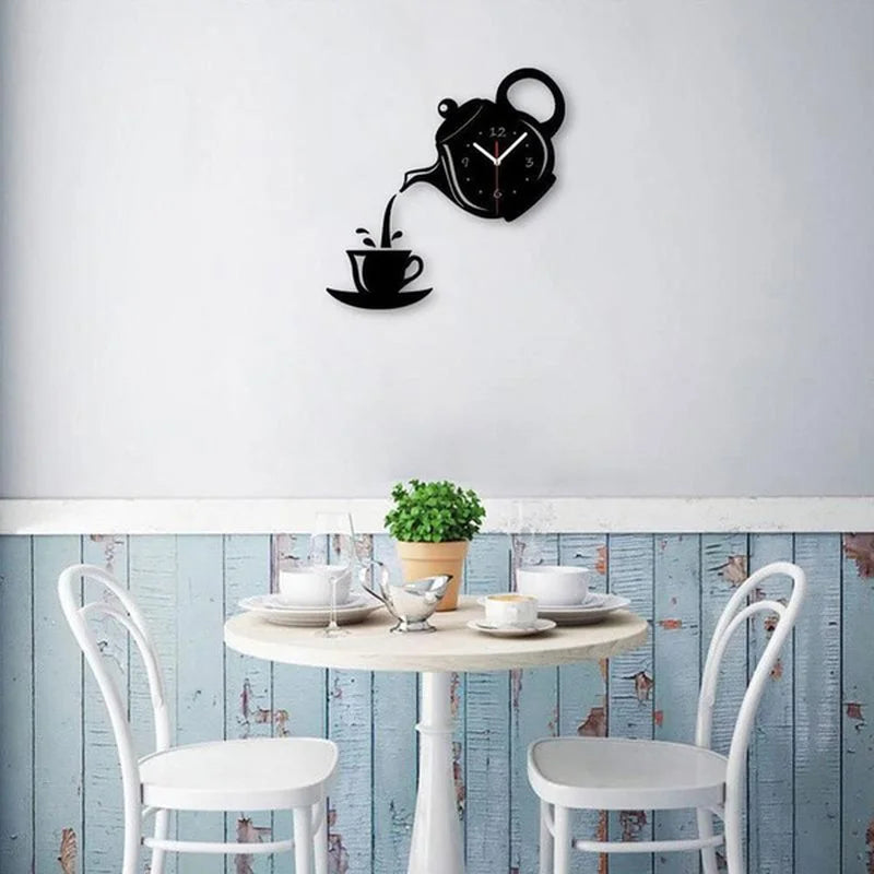 3D DIY Teapot Shape Wall Clock Acrylic Mirror Clock Modern Kitchen Home Decor Wall Sticker Hollow Digital Clock watch home clock Beauty World Shop