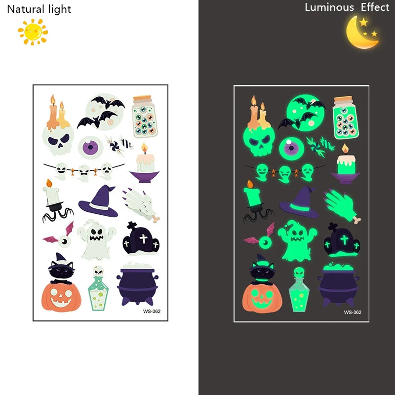 10Sheets Halloween Luminous Tattoo Stickers Ghost Pumpkin Kids Adults Halloween Party Decoration Glow In The Dark Supplies Gifts Beauty World Shop