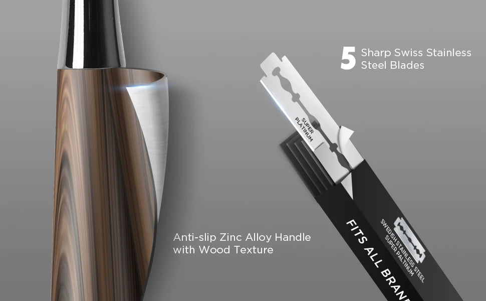 Double Edge Safety Razor, Zinc Alloy Handle Razor with 5 Swiss Stainless Steel Blades, Heavy Duty Eco-Friendly Razor f Beauty World Shop