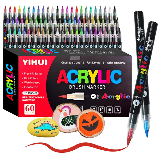 12/24/36/48/60 Colors Acrylic Paint Pens Markers Brush Tip Paint Markers For Rock Painting Wood Stone Glass Gift DIY Crafts Beauty World Shop