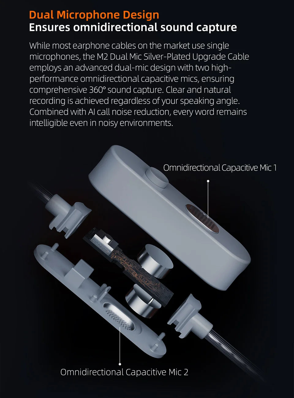  KZ M2 Dual Silver-Plated Upgrade Cable , High-definition With Dual Mic USB Type-C Earphone Upgrade Cable