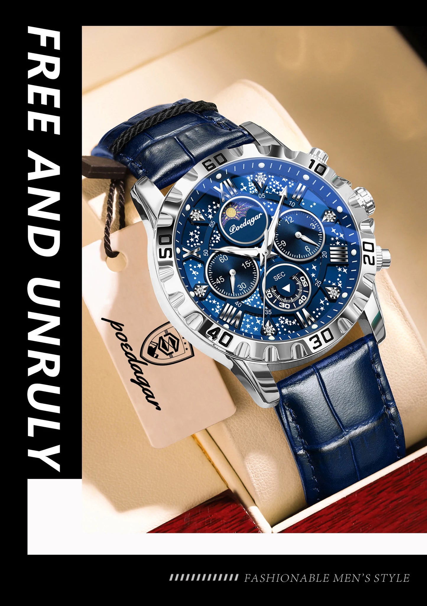 POEDAGAR Top Functional Luxury Man Wristwatch Waterproof Luminous Chronograph Leather Sports Watches For Men Quartz Men's Watch Beauty World Shop