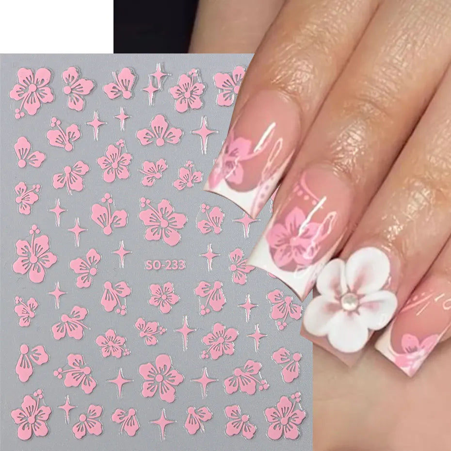 4pcs Hibiscus Flower Nail Art Sticker 3D White Pink Floral Decal Y2K Gold Silver Petal DIY Romantic Self-Adhesive Manicure Decor Beauty World Shop