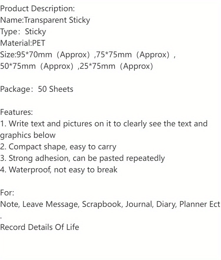 50 Sheets Transparent Sticky Note Pads Waterproof Self-Adhesive Memo Notepad School Office Supplies Stationery Beauty World Shop