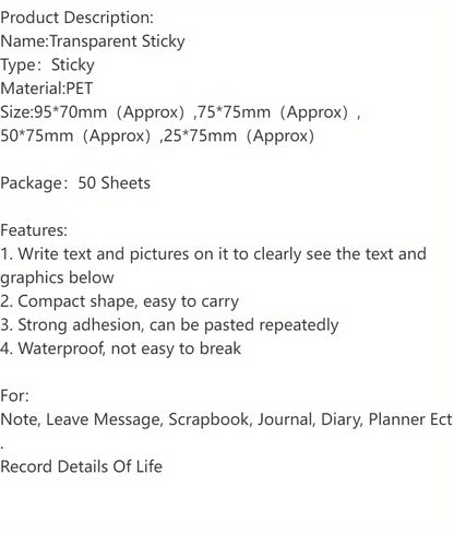 50 Sheets Transparent Sticky Note Pads Waterproof Self-Adhesive Memo Notepad School Office Supplies Stationery Beauty World Shop
