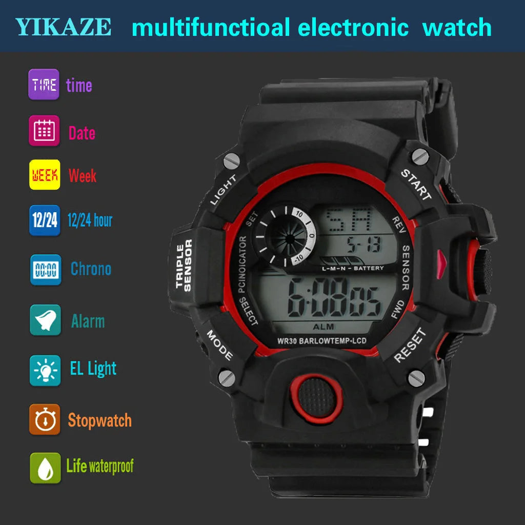 Fashion Men's Watch Sports Electronic Wristwatch Large dial Multifunctional Waterproof Luminous Alarm Kids Male's Military Watch Beauty World Shop