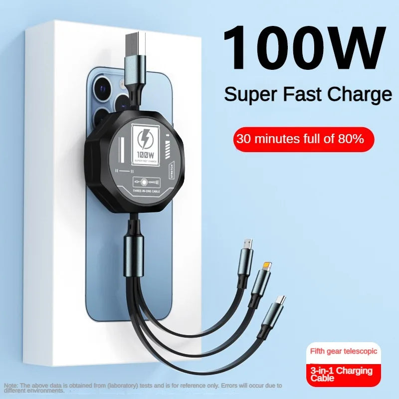 3 In 1 Retractable USB 100W Cable Fast Charging And Data Micro USB Type C For iphone6-14 Android Phone Xiaomi Huawei OPPO Beauty World Shop