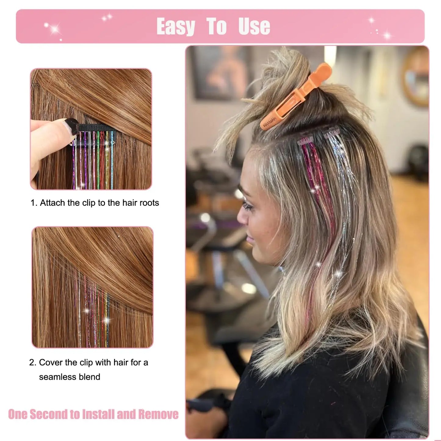20 Inch Glitter Tinsel Hair Extensions with Clips In, 6Pcs/Set Synthetic Clip in Sparkle Fairy Hair Accessories for Women Kids Beauty World Shop