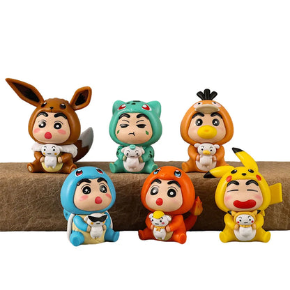 6pcs/set Crayon Shin-chan COS Pokemon Psyduck Pikachu Eevee Charmander Bulbasaur Squirtle Anime Figure Cute Doll Model Toys Beauty World Shop