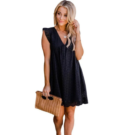 New summer women's fashionable temperament, casual and sexy commuting solid color lace jacquard hollow V-neck dress Beauty World Shop