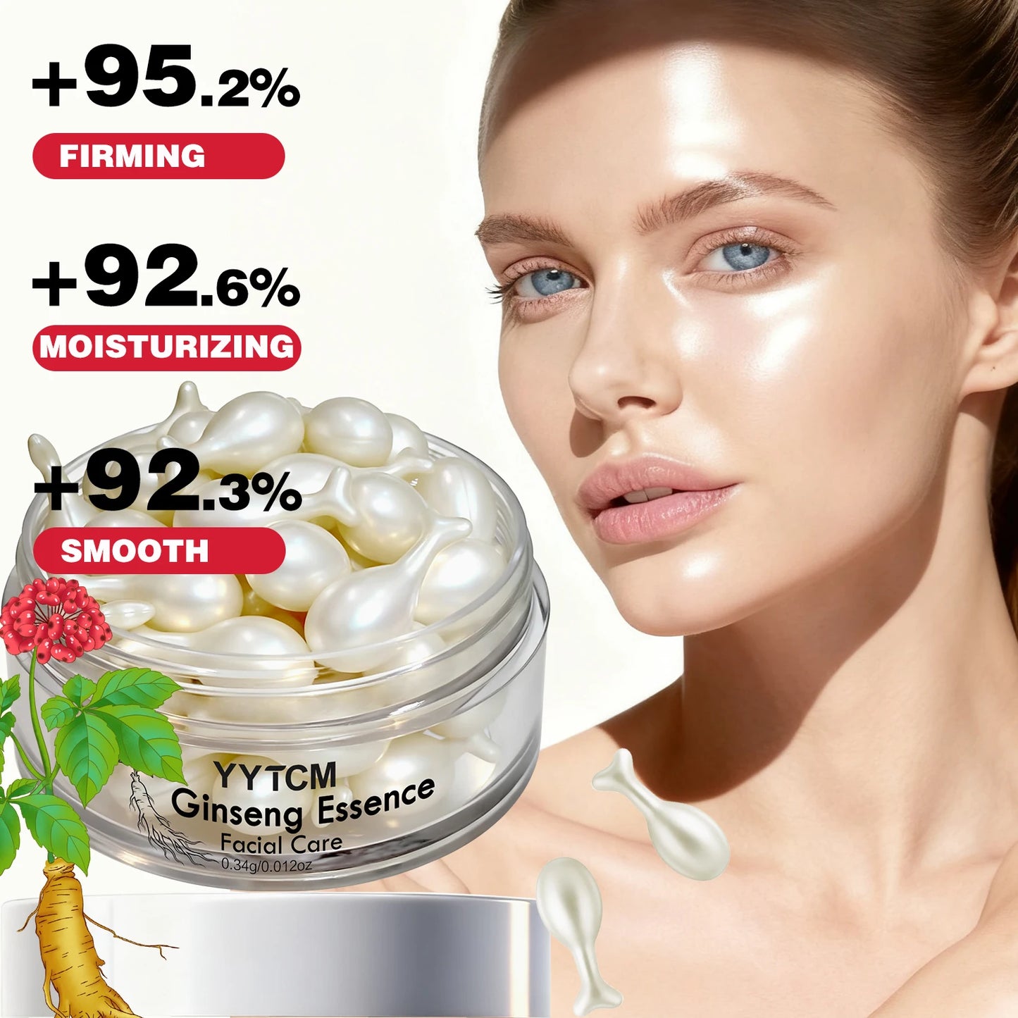 Ginseng Essence Capsules, Moisturizing and Firming Essence Serum, Contains Squalane, Niacinamide, Vitamin E, Retinol, Deep Hydration (0.34Gx30 Capsules)/Bottle-1 Bottle Beauty World Shop