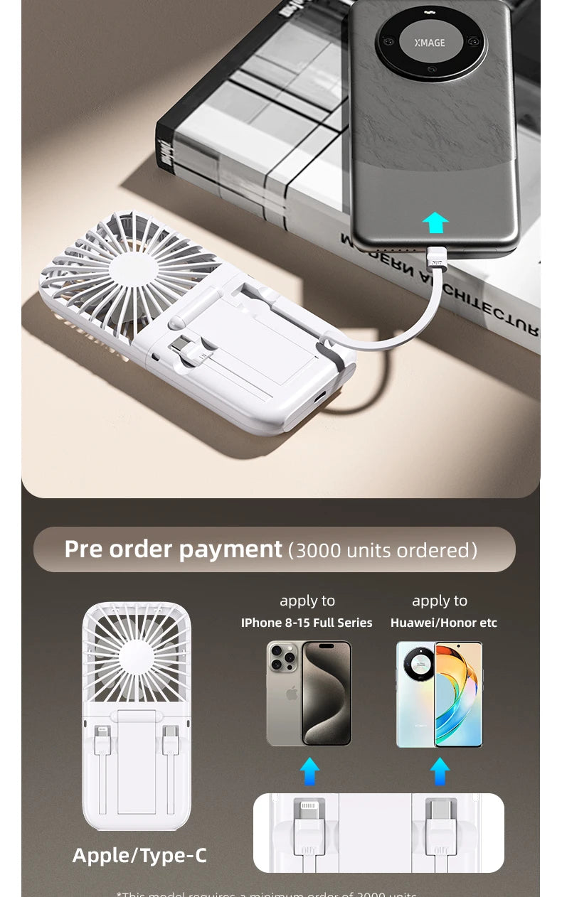 Folding Mini Cooling Air Fan Mobile Phone Holder Power Bank 3000mAh USB Rechargeable Cooling Handheld Desktop Fan with Lanyard