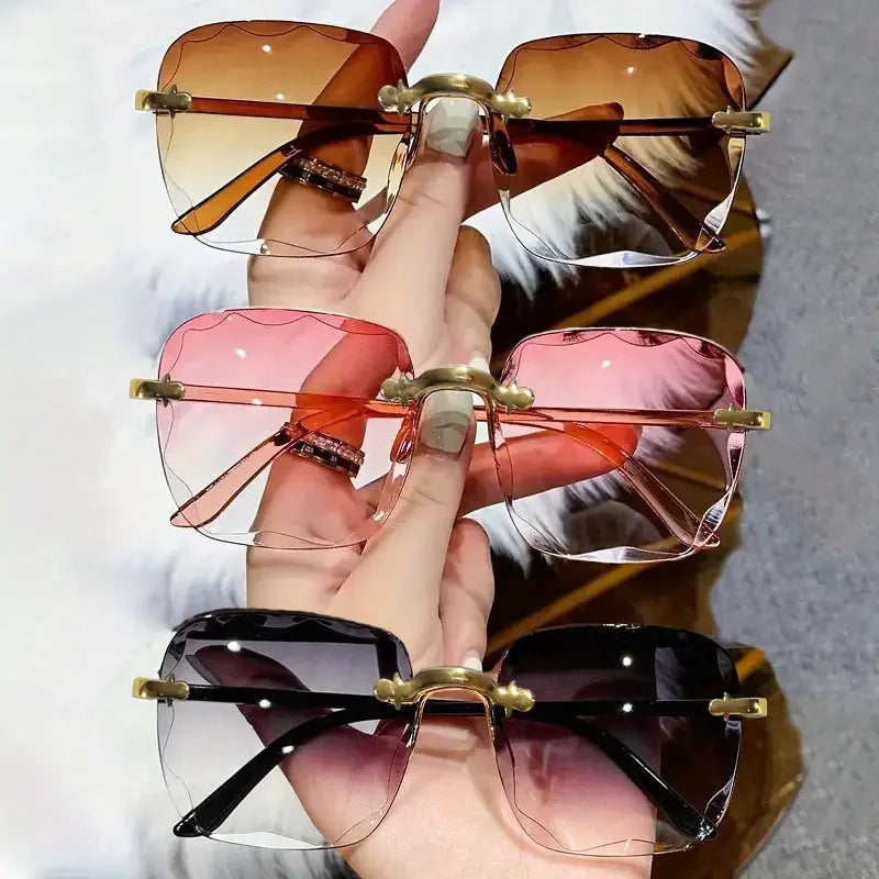 3PCS Square Rimless Sunglasses Women Luxury Brand Designer Summer Red Glasses Fashion Sun glasses For Men UV400 Shades Oculos Beauty World Shop
