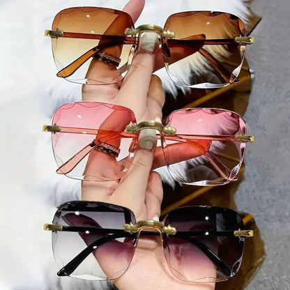 3PCS Square Rimless Sunglasses Women Luxury Brand Designer Summer Red Glasses Fashion Sun glasses For Men UV400 Shades Oculos Beauty World Shop