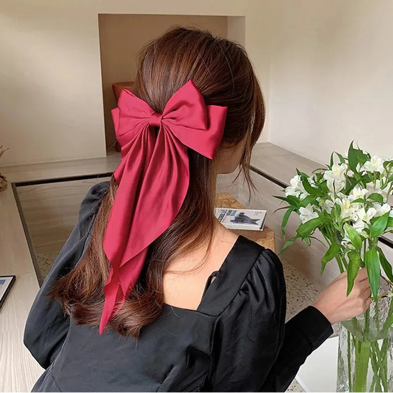 Korean Accessories Hair Clips for Women Girls Big Bowknot Solid Satin Long Ribbon Bows Spring Clamp Barette Cheveux Femme 2023 Beauty World Shop