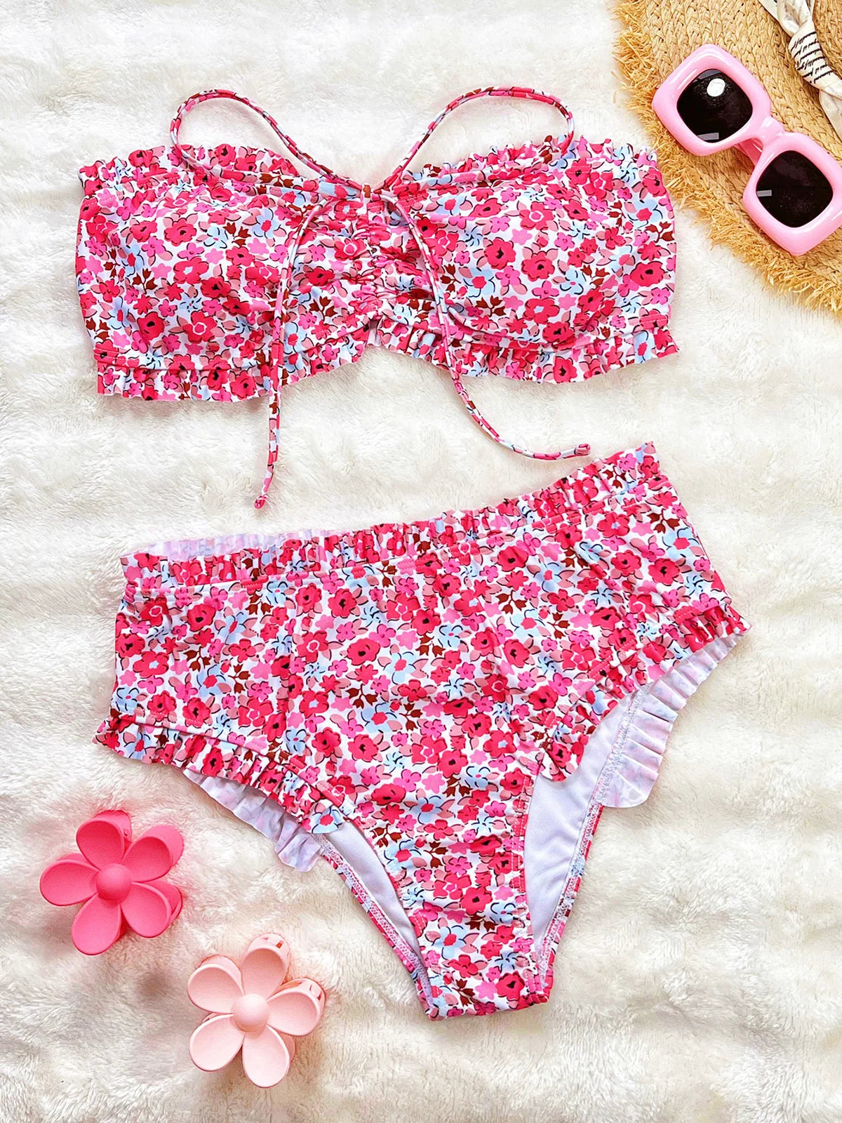 Flowers Printed Bandeau Female Swimsuit High Waist Bikini Women Swimwear Two-pieces Bikini set Bather Bathing Suit Swim V6613 Beauty World Shop