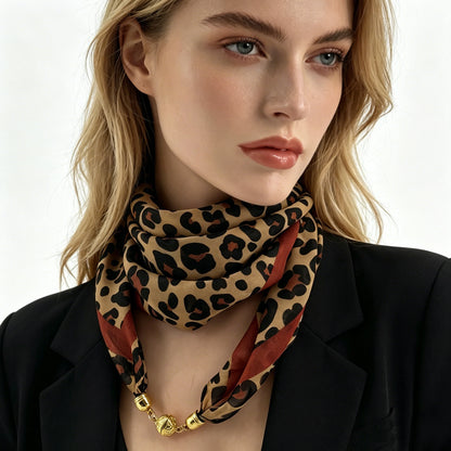 Leopard Print Magnetic Buckle Scarf, 60cm Square Thin Chiffon Neck Scarf, Quick & Easy Wear Fastening Neck Wrap,Decorative Scarf Beauty World Shop