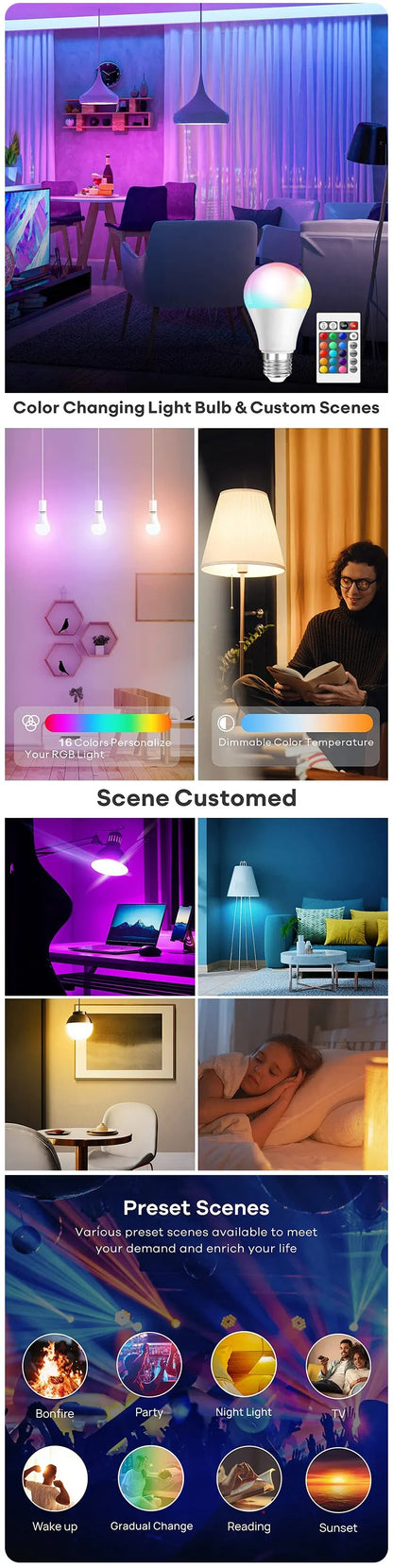 16 Colors RGB Bulb LED Multicolor Bulb E27 220V Household Lighting Dimmable 24 Key Remote Control Smart Lamp Atmosphere Light Beauty World Shop