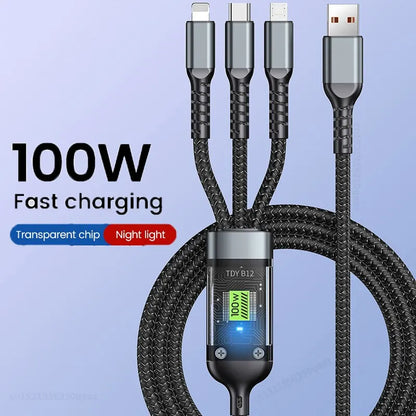 3 In 1 100w Transparent Fast Charging Cable Type C Usb Micro For Huawei OPPO Vivo Samsung Xiaomi Pilot Lamp Charger Usb C 6A Beauty World Shop