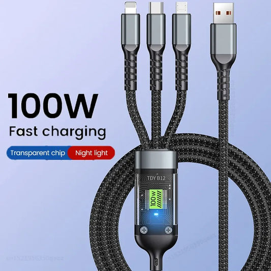 3 In 1 100w Transparent Fast Charging Cable Type C Usb Micro For Huawei OPPO Vivo Samsung Xiaomi Pilot Lamp Charger Usb C 6A Beauty World Shop
