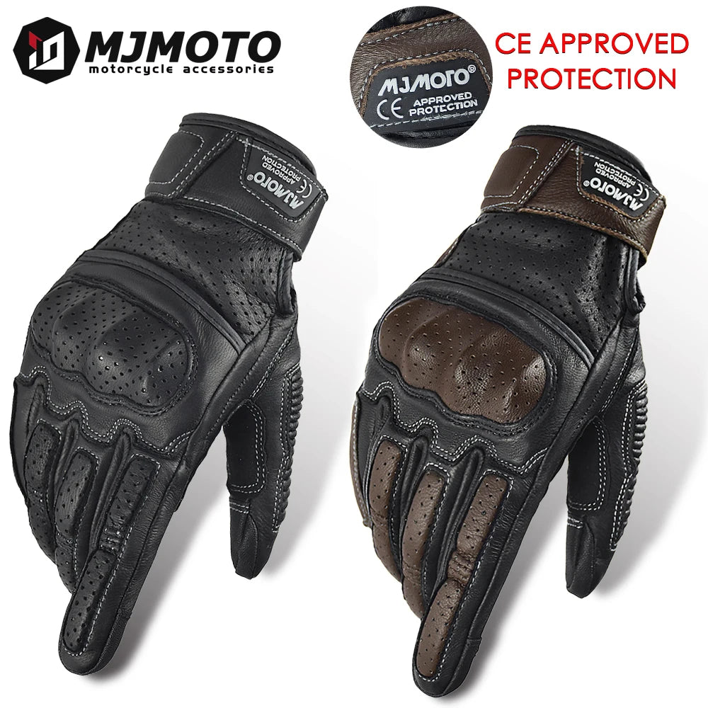 With CE Approved Summer Retro Perforated Leather Motorcycle Gloves Men Women Full Finger Motocross Dirt Biker Glove Guantes Moto Beauty World Shop