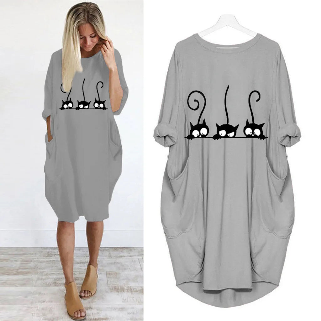Women's Loose  Long Sleeved Summer Plus Size Dress Autumn  Winter Casual Round Neck Solid Color Long Sleeve Pocket Loose Pullove Beauty World Shop