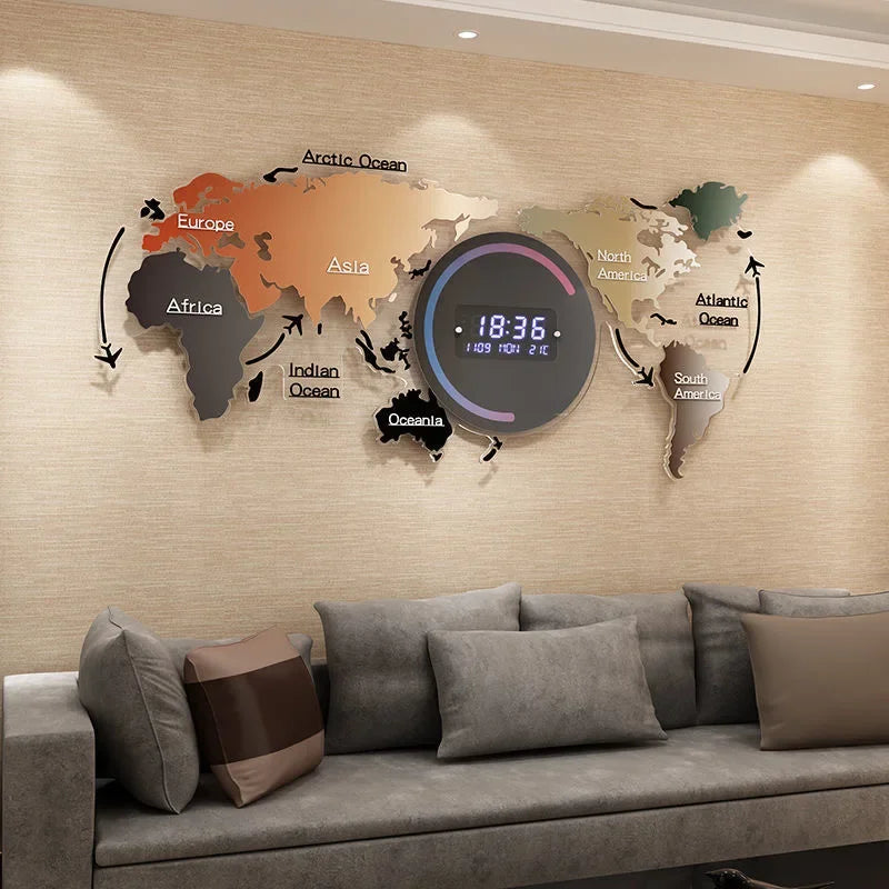 # 74x34cm Wall Decorative Acrylic Digital Wall Clocks Creative World Map Shape Smart Led Clock With Calendar # Home Accessories Store