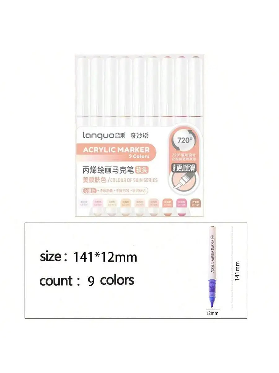 Languo 9pcs/box Soft Brush Acrylic Marker Pen Set，DIY Hand Drawn,Paint Art Markers pens,Student Graffiti Acrylic Paint Pens,M720 Beauty World Shop