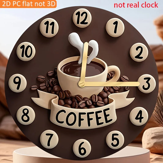 Vintage Coffee Wall Clock Artificial Wood,Battery-Free 2D FlatDesign with Coffee Beans & Cup Steam Art for HomeOffice Cafe Decor Beauty World Shop