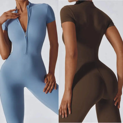 Naked zipper short sleeved yoga suit jumpsuit, quick drying breathable outdoor sports tight fitting jumpsuit, fitness suit Beauty World Shop