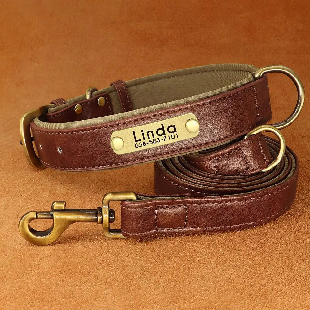 Customized Leather Dog Collar Leash Set Soft Padded Leather Collar For Small Medium Large Dogs With Free Engraved Nameplate Beauty World Shop