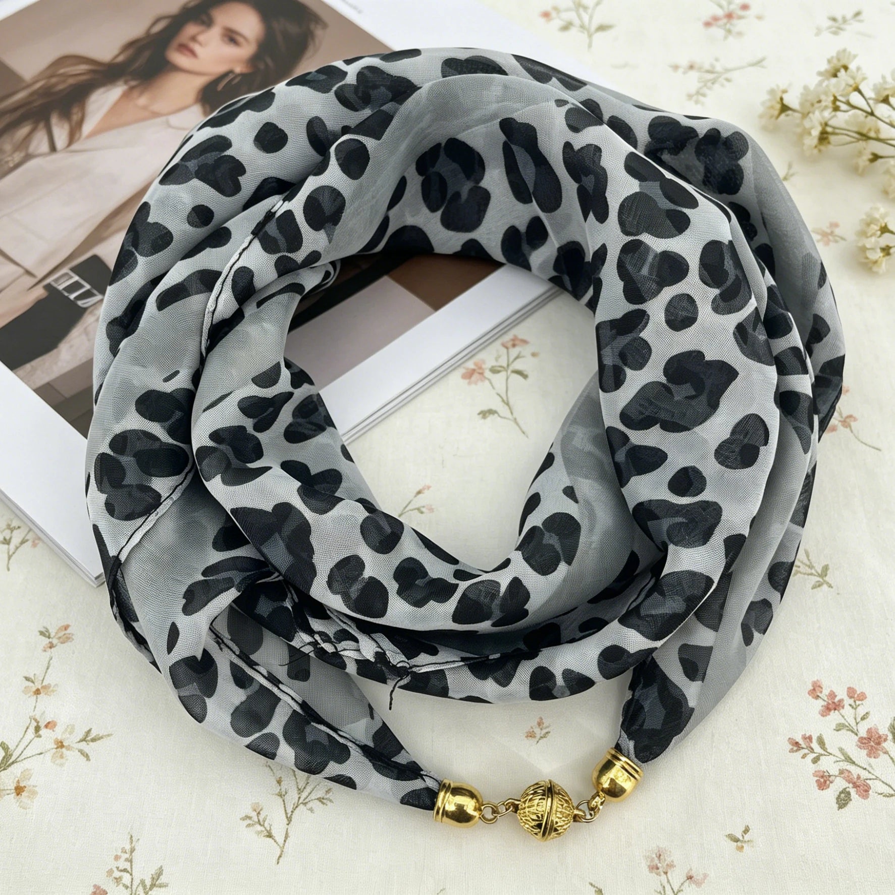 Leopard Print Magnetic Buckle Scarf, 60cm Square Thin Chiffon Neck Scarf, Quick & Easy Wear Fastening Neck Wrap,Decorative Scarf Beauty World Shop