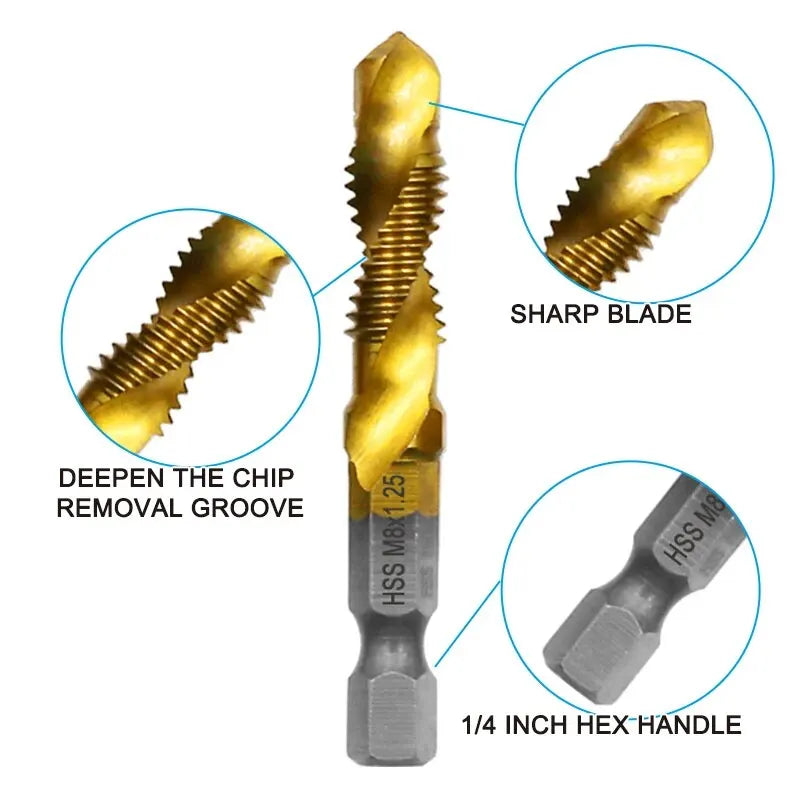 6pc High-speed Steel 4341 Titanium Plated Composite Tap Drill and Tap Integrated Machine Tap Open and Chamfer Tool Set Beauty World Shop