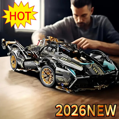 2026 Hot Building Block Racing Car V12 Building Block Car Black and Gold Accessories Fine Desktop Wooden Model Car Birthday Gift Beauty World Shop