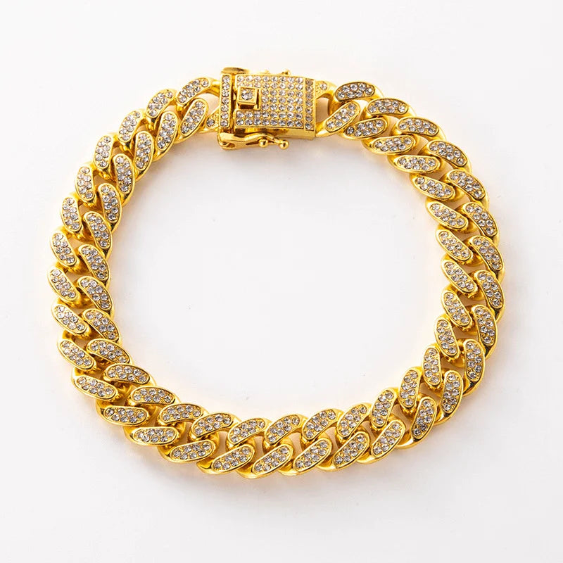 Luxury Hip Hop Dog Collar, Gold Tone Stainless Steel Cuban Chain, Durable Diamond Inlaid Pet Jewelry for Daily Walking Beauty World Shop